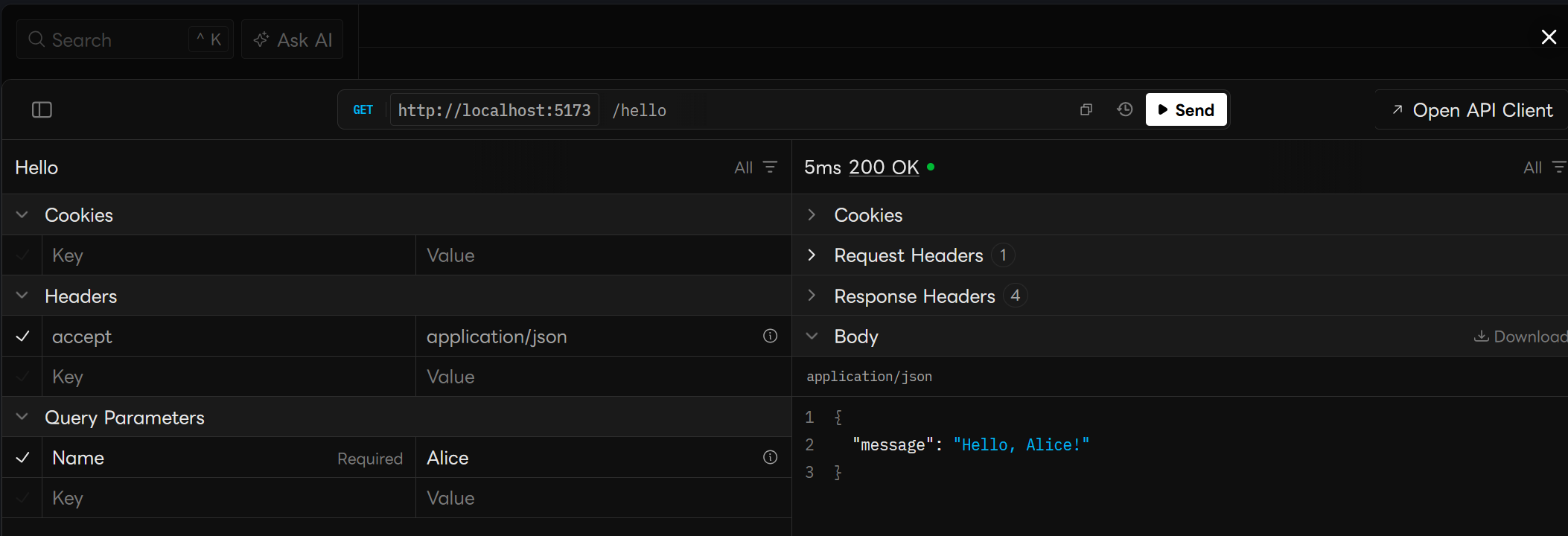 Scalar API reference showing the tutorial hello endpoint